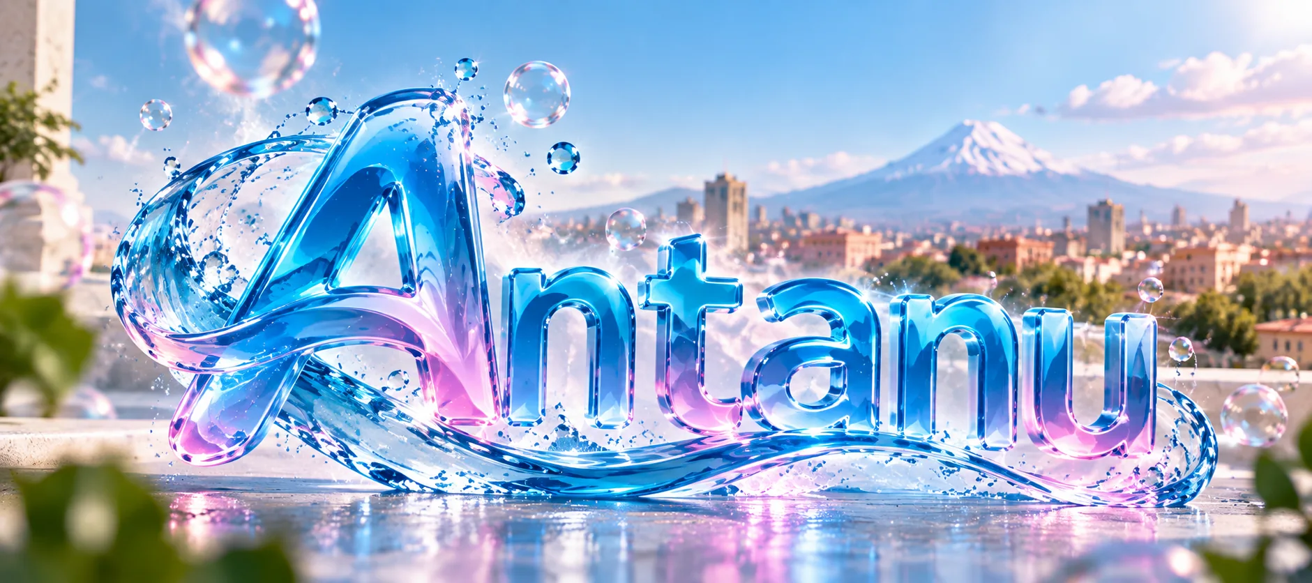 Antanu glass lettering with water, bubbles and a distant view of Yerevan