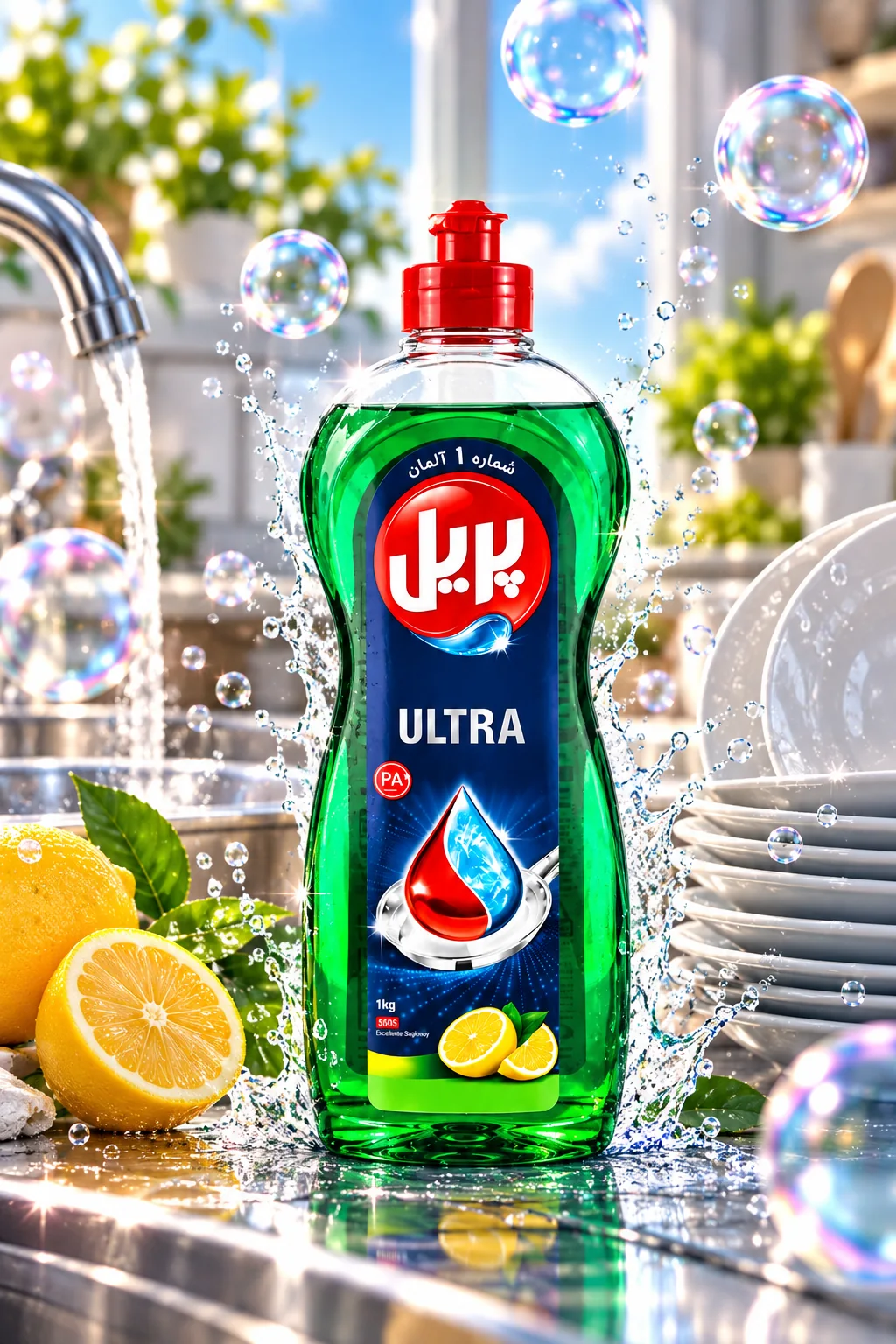 Dishwashing liquid displayed in a sunlit kitchen