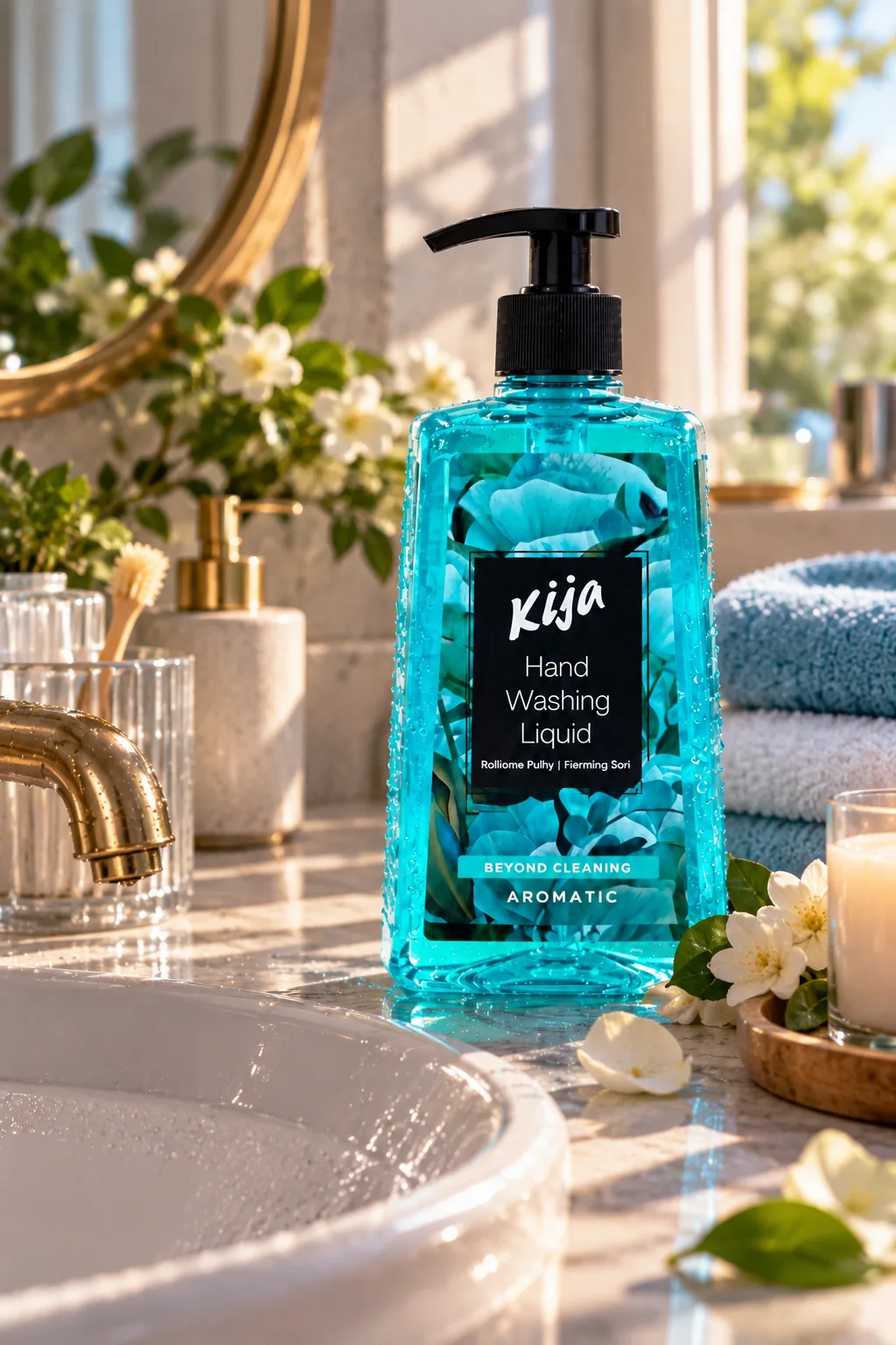 Blue handwashing liquid on a bathroom counter